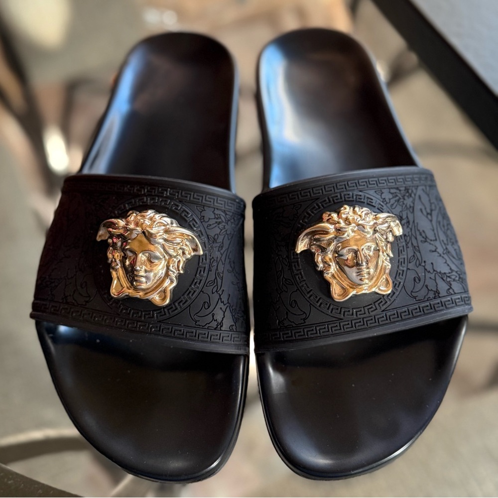 Versace Black and Gold Medusa Sandals